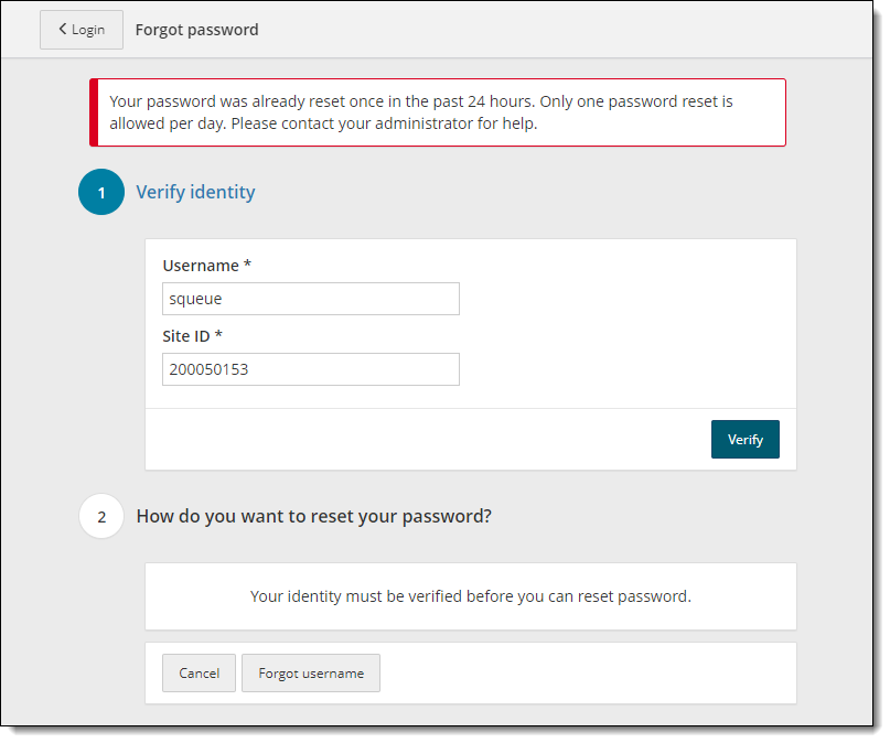 Only one password reset is allowed per day message.